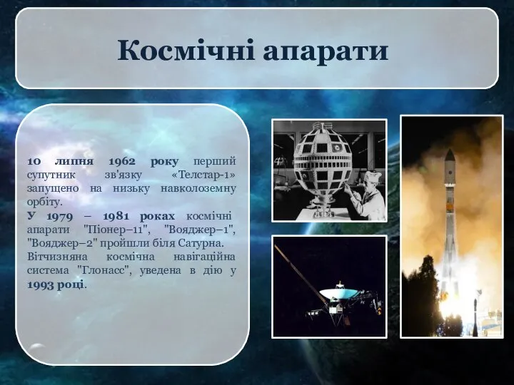 Космічні апарати 10 липня 1962 року перший супутник зв'язку «Телстар-1» запущено
