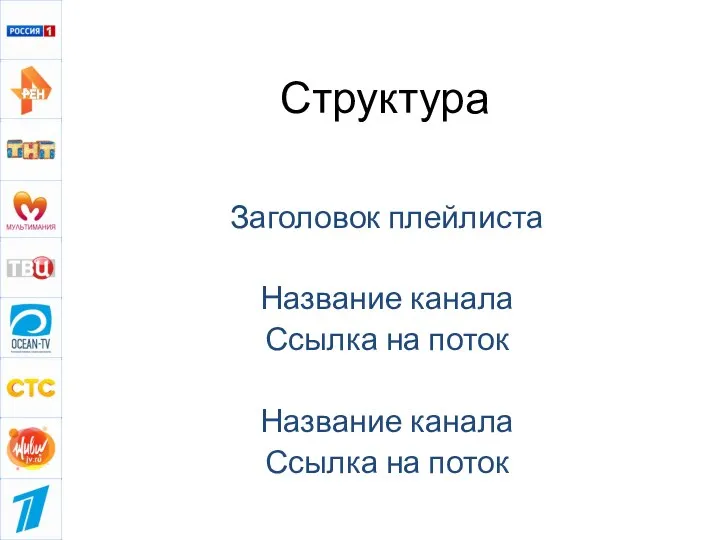 Структура Заголовок плейлиста Название канала Ссылка на поток Название канала Ссылка на поток