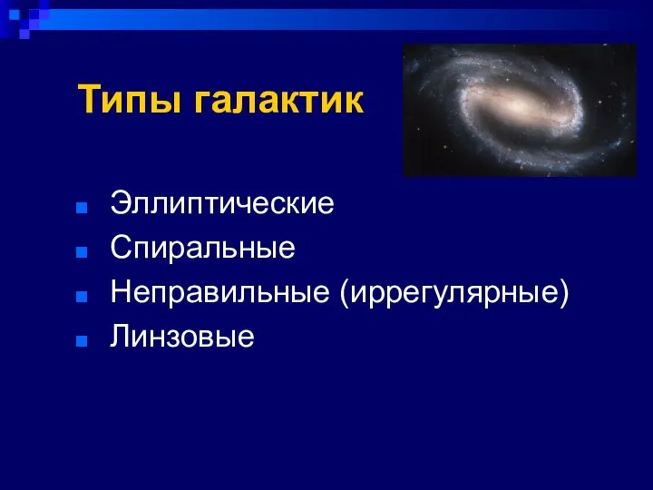 Типы галактик Эллиптические Спиральные Неправильные (иррегулярные) Линзовые