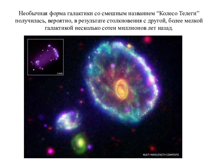 Необычная форма галактики со смешным названием “Колесо Телеги” получилась, вероятно, в