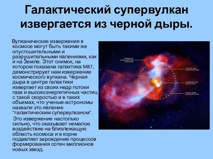 Галактический супервулкан извергается из черной дыры. Вулканические извержения в космосе могут