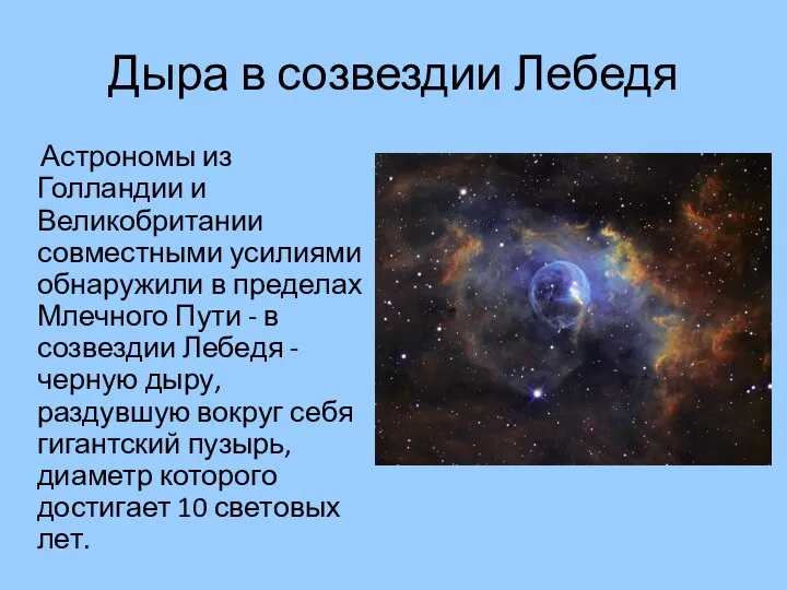 Дыра в созвездии Лебедя Астрономы из Голландии и Великобритании совместными усилиями