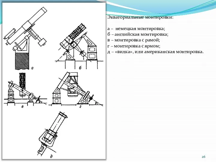 Экваториальные монтировки: а – немецкая монтировка; б – английская монтировка; в