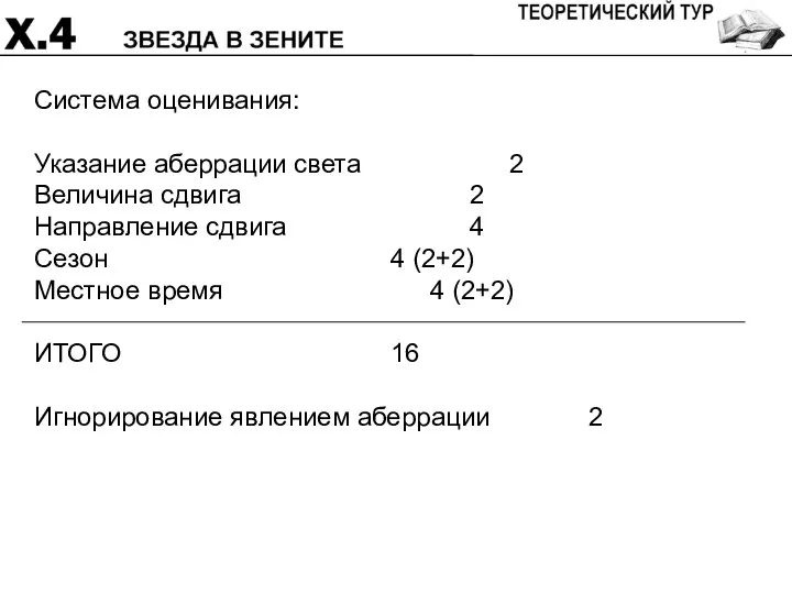 Система оценивания: Указание аберрации света 2 Величина сдвига 2 Направление сдвига