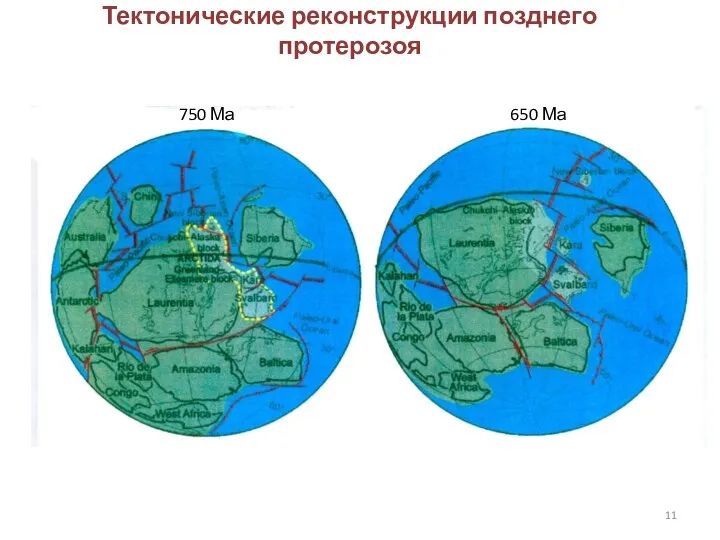 Тектонические реконструкции позднего протерозоя 750 Ма 650 Ма