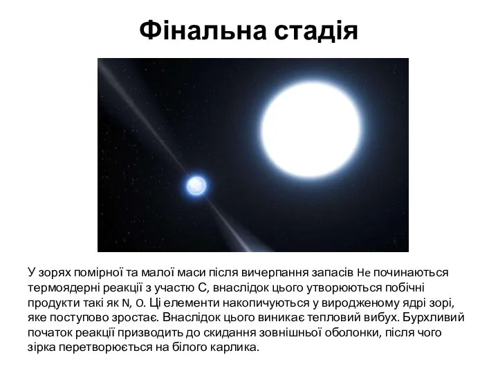 Фінальна стадія У зорях помірної та малої маси після вичерпання запасів