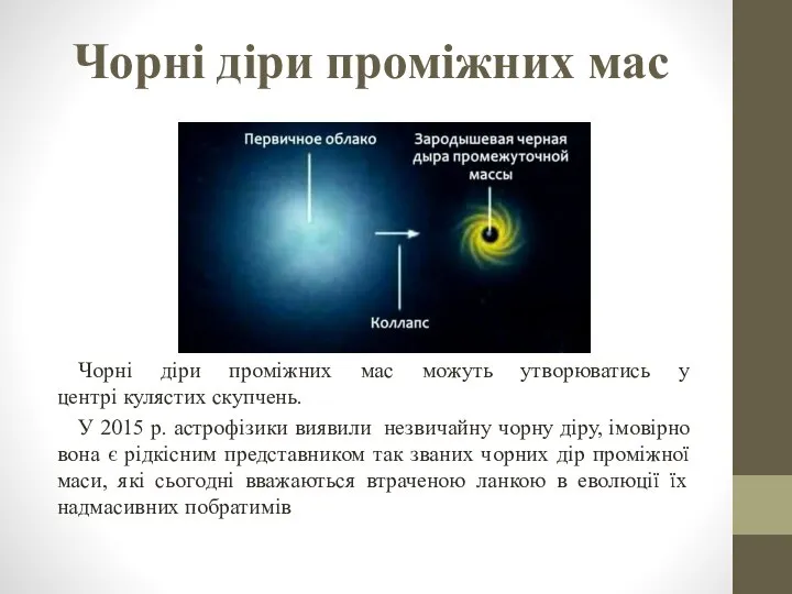 Чорні діри проміжних мас Чорні діри проміжних мас можуть утворюватись у