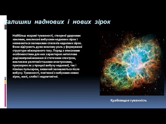 Залишки наднових і нових зірок Крабовидна туманність Найбільш яскраві туманності, створені