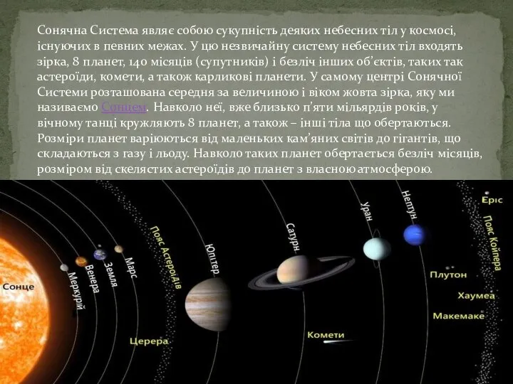 Сонячна Система являє собою сукупність деяких небесних тіл у космосі, існуючих