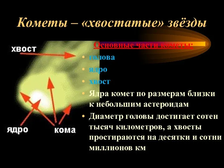 Кометы – «хвостатые» звёзды Основные части кометы: голова ядро хвост Ядра