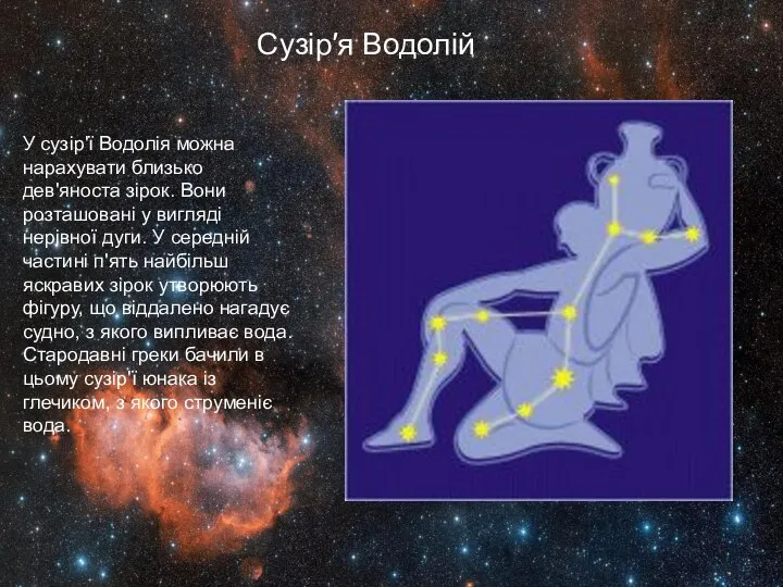 У сузір'ї Водолія можна нарахувати близько дев'яноста зірок. Вони розташовані у