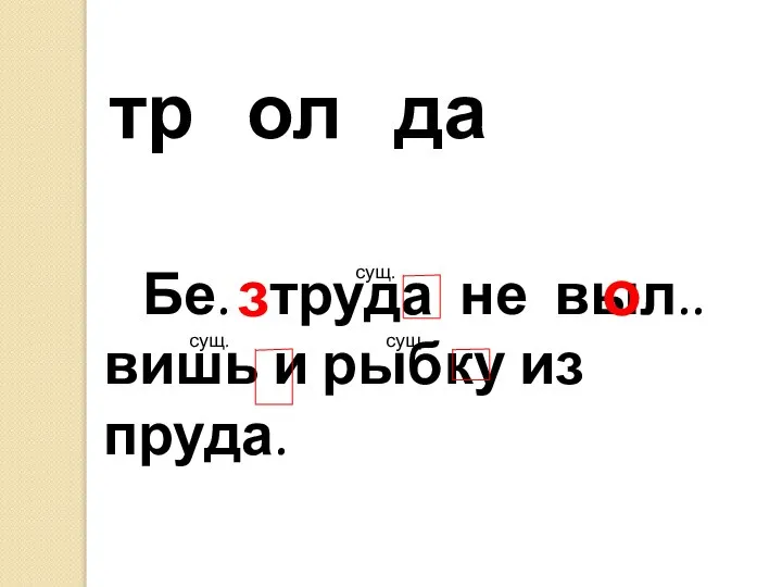 тр ол да Бе. труда не выл..вишь и рыбку из пруда. з о сущ. сущ. сущ.