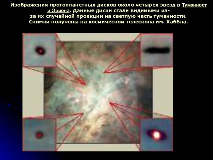 Изображения протопланетных дисков около четырех звезд в Туманности Ориона. Данные диски