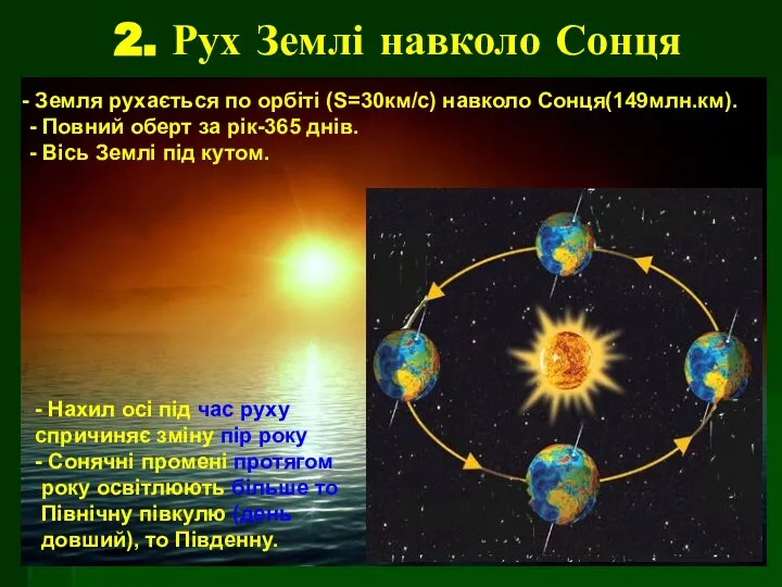 2. Рух Землі навколо Сонця Земля рухається по орбіті (S=30км/с) навколо