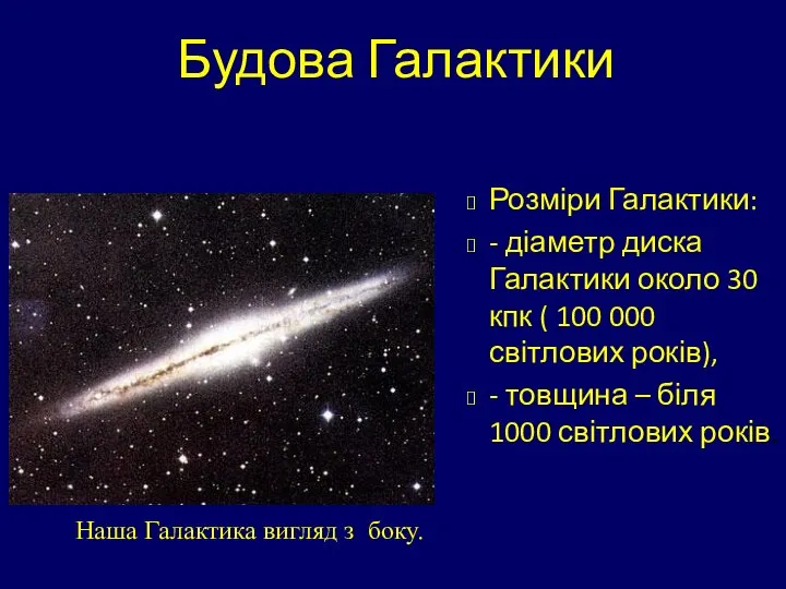 Будова Галактики Розміри Галактики: - діаметр диска Галактики около 30 кпк