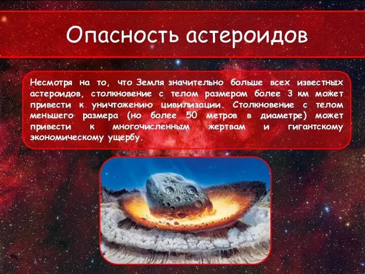 Опасность астероидов Несмотря на то, что Земля значительно больше всех известных