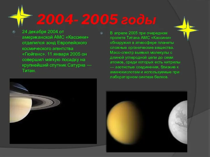 2004- 2005 годы 24 декабря 2004 от американской АМС «Кассини» отделился