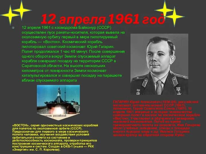 12 апреля 1961 год «ВОСТОК», серия одноместных космических кораблей для полетов