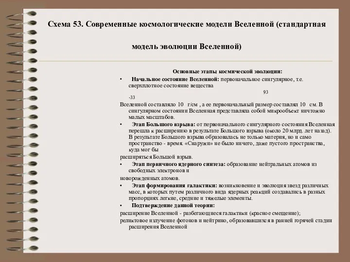 Схема 53. Современные космологические модели Вселенной (стандартная модель эволюции Вселенной) Основные