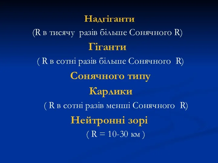 Надгіганти (R в тисячу разів більше Сонячного R) Гіганти ( R