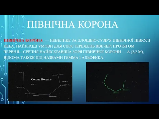 ПІВНІЧНА КОРОНА ПІВНІ́ЧНА КОРО́НА — НЕВЕЛИКЕ ЗА ПЛОЩЕЮ СУЗІР'Я ПІВНІЧНОЇ ПІВКУЛІ