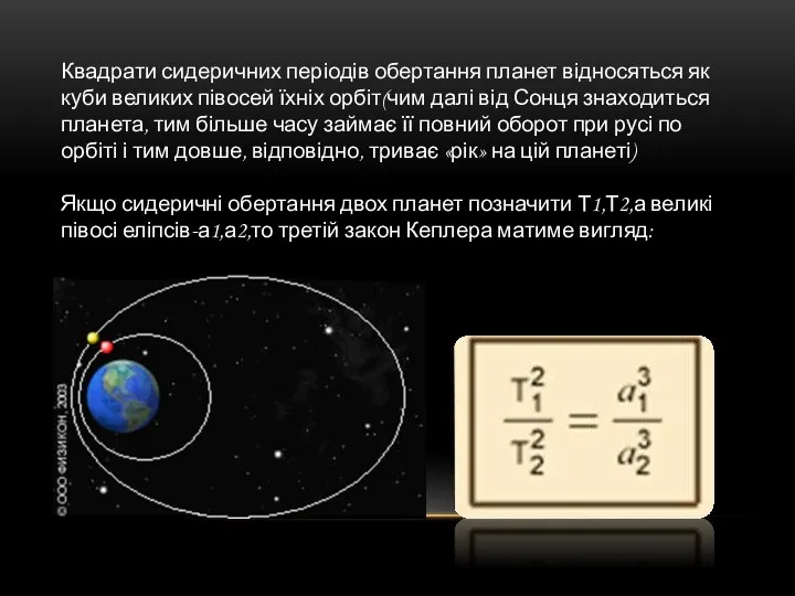 Квадрати сидеричних періодів обертання планет відносяться як куби великих півосей їхніх