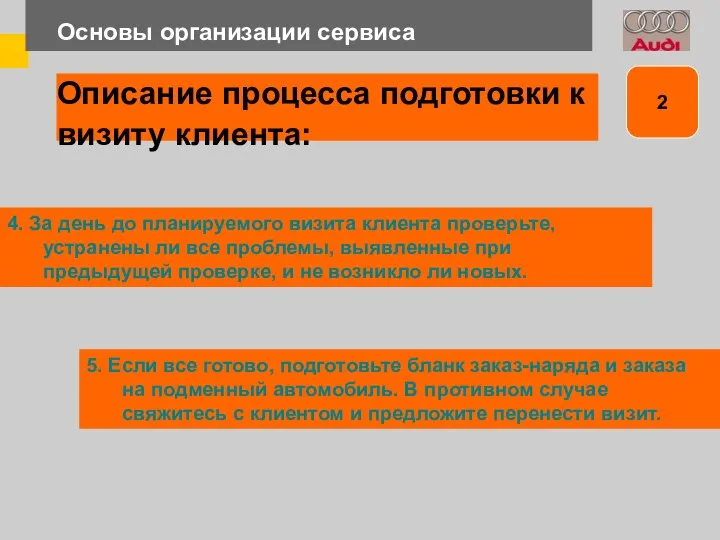 Основы организации сервиса 4. За день до планируемого визита клиента проверьте,