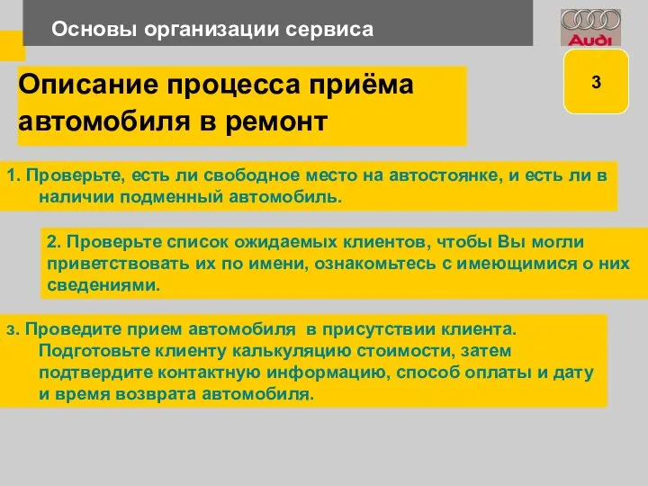 Основы организации сервиса Описание процесса приёма автомобиля в ремонт 1. Проверьте,