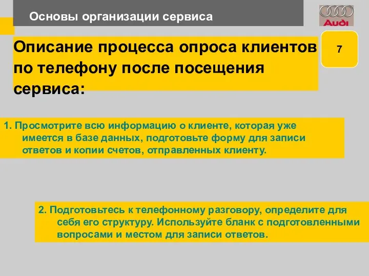 Основы организации сервиса Описание процесса опроса клиентов по телефону после посещения