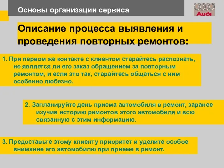 Основы организации сервиса Описание процесса выявления и проведения повторных ремонтов: 1.