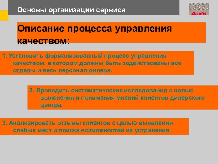 Основы организации сервиса Описание процесса управления качеством: 1. Установить формализованный процесс