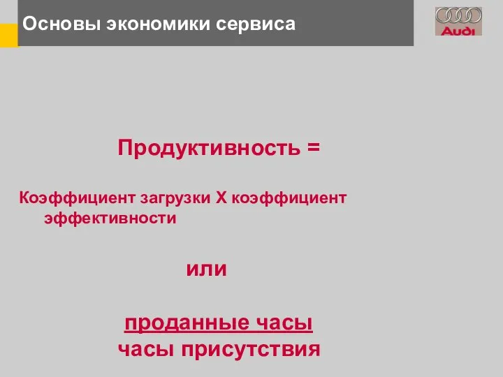 Основы экономики сервиса Продуктивность = Коэффициент загрузки Х коэффициент эффективности или проданные часы часы присутствия