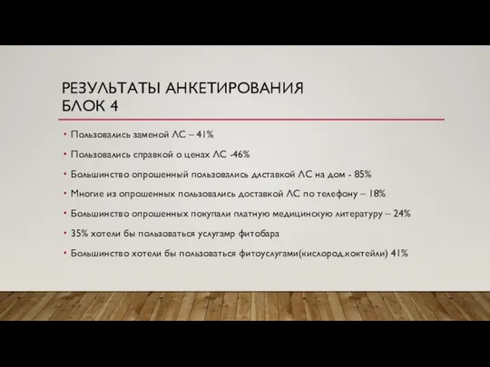 РЕЗУЛЬТАТЫ АНКЕТИРОВАНИЯ БЛОК 4 Пользовались заменой ЛС – 41% Пользовались справкой