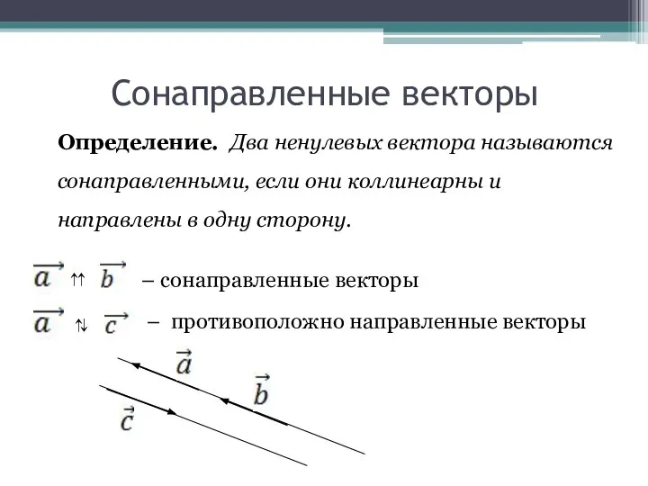 Сонаправленные векторы Определение. Два ненулевых вектора называются сонаправленными, если они коллинеарны