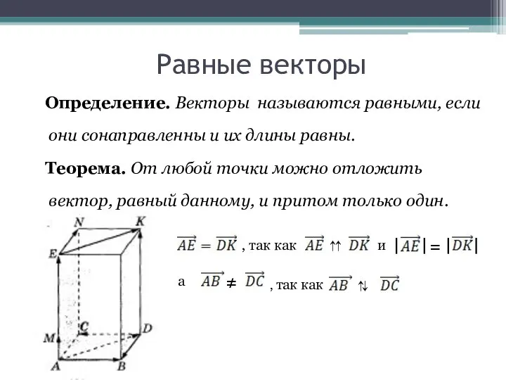 Равные векторы Определение. Векторы называются равными, если они сонаправленны и их