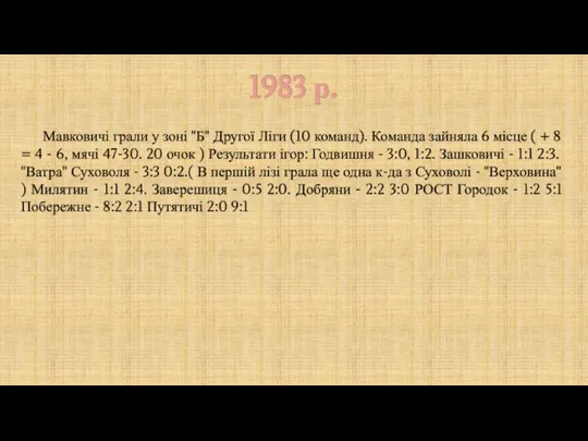 1983 р. Мавковичі грали у зоні "Б" Другої Ліги (10 команд).