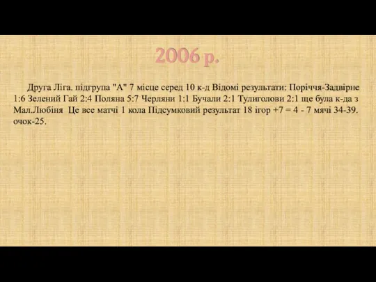 2006 р. Друга Ліга. підгрупа "А" 7 місце серед 10 к-д