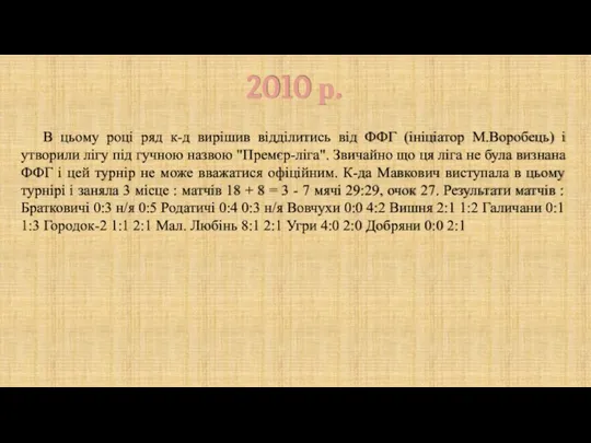 2010 р. В цьому році ряд к-д вирішив відділитись від ФФГ