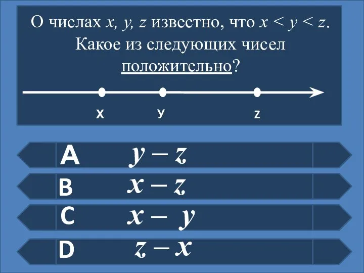 А B C D О числах x, y, z известно, что