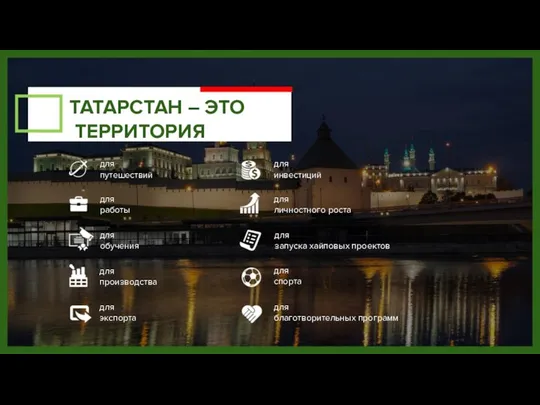 ТАТАРСТАН – ЭТО ТЕРРИТОРИЯ для инвестиций для путешествий для обучения для