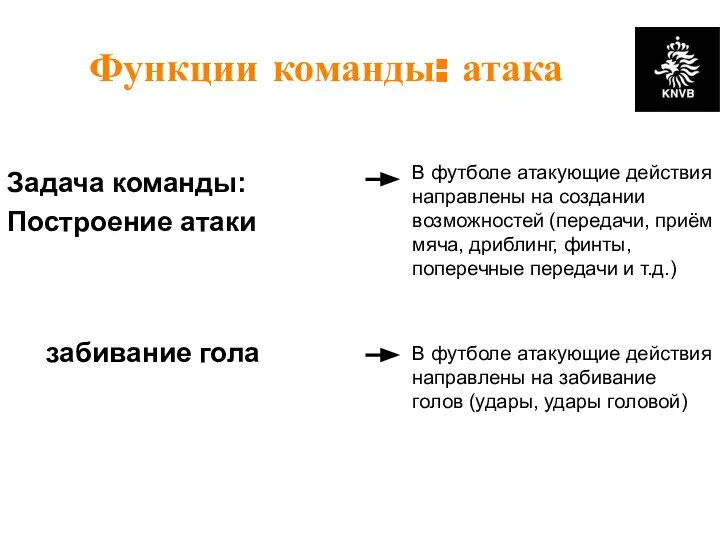 Функции команды: атака Задача команды: Построение атаки забивание гола В футболе