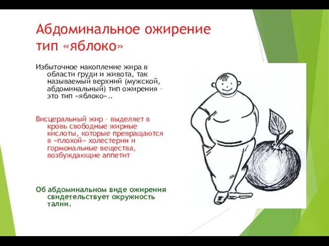 Абдоминальное ожирение тип «яблоко» Избыточное накопление жира в области груди и