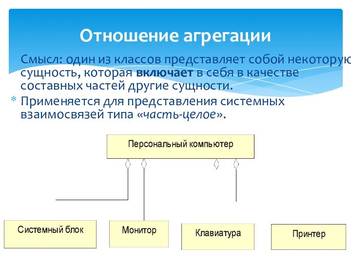 Отношение агрегации Смысл: один из классов представляет собой некоторую сущность, которая