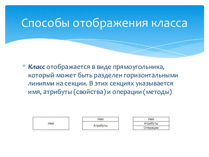 Класс отображается в виде прямоугольника, который может быть разделен горизонтальными линиями