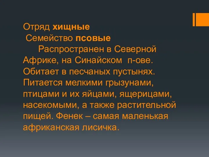 Отряд хищные Семейство псовые Распространен в Северной Африке, на Синайском п-ове.