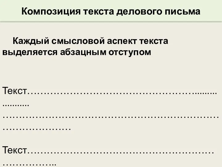 Композиция текста делового письма Каждый смысловой аспект текста выделяется абзацным отступом