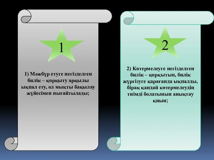 1) Мәжбүр етуге негізделген билік – қорқыту арқылы ықпал ету, ол