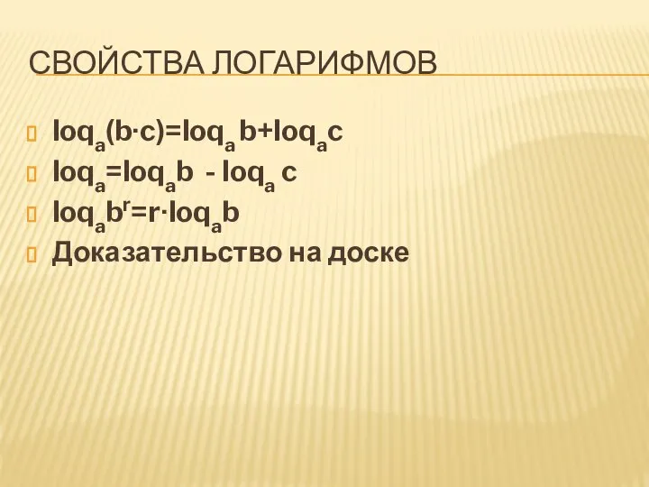 СВОЙСТВА ЛОГАРИФМОВ loqa(b∙c)=loqa b+loqac loqa=loqab - loqa c loqabr=r∙loqab Доказательство на доске