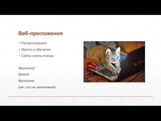 Веб-приложения Распространено Просто в обучении Сайты нужны всегда Фронтэнд Бэкэнд Фуллстек (нет, это не заклинания)