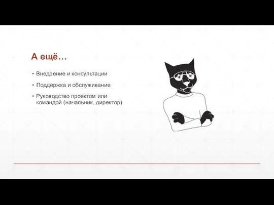 А ещё… Внедрение и консультации Поддержка и обслуживание Руководство проектом или командой (начальник, директор)